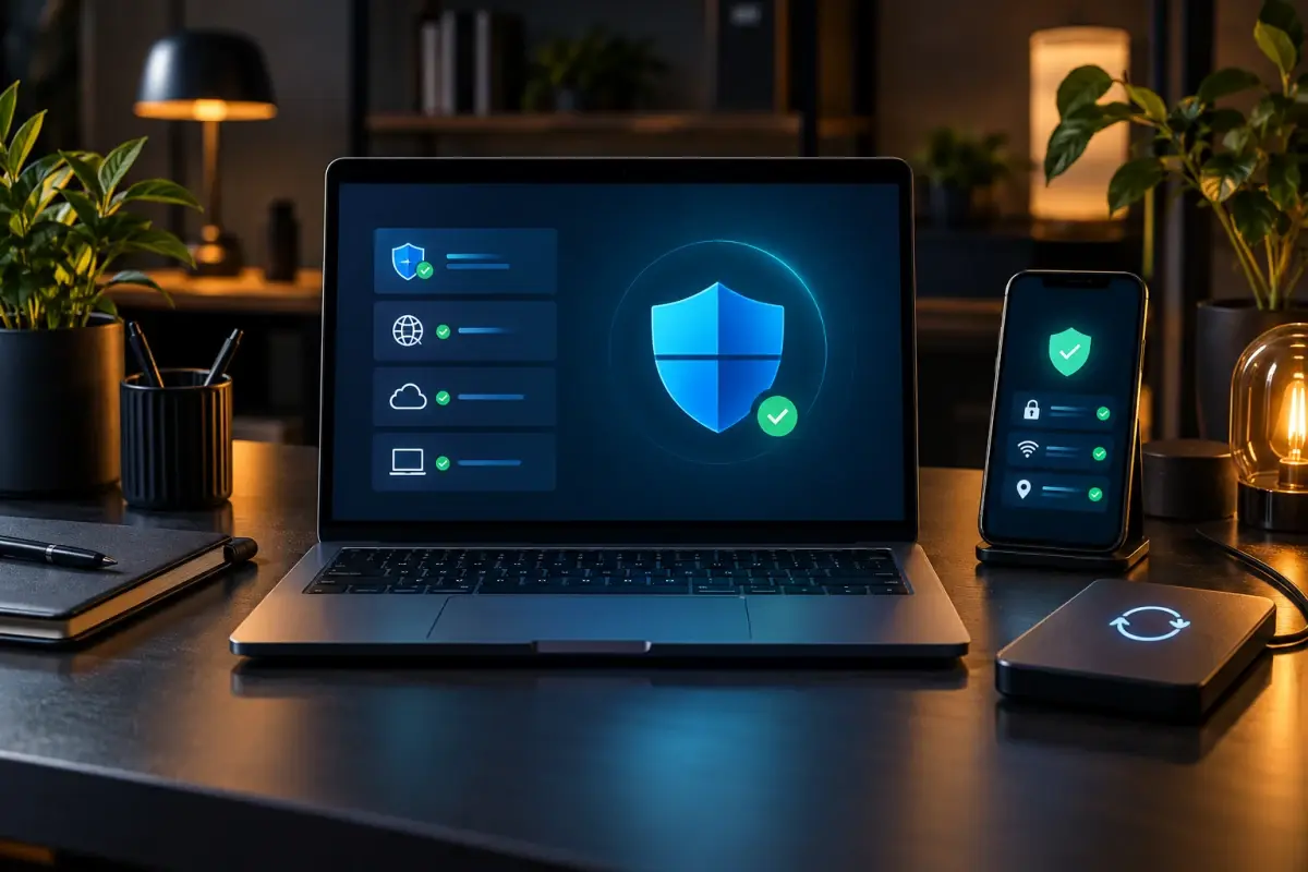 Laptop met meerdere lagen voor antivirus, browser- en accountbeveiliging