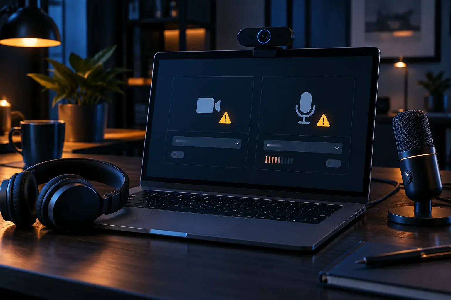 Laptop met webcam headset en microfoonwaarschuwing