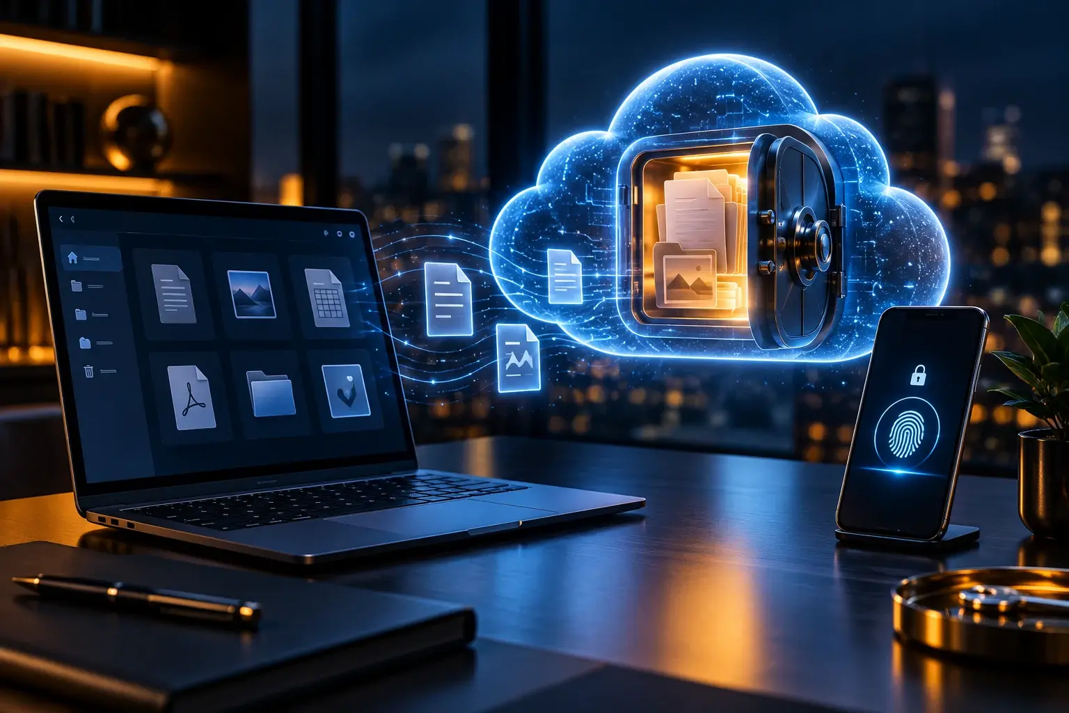 Beveiligde digitale kluis in cloudopslag met documenten en telefoonverificatie