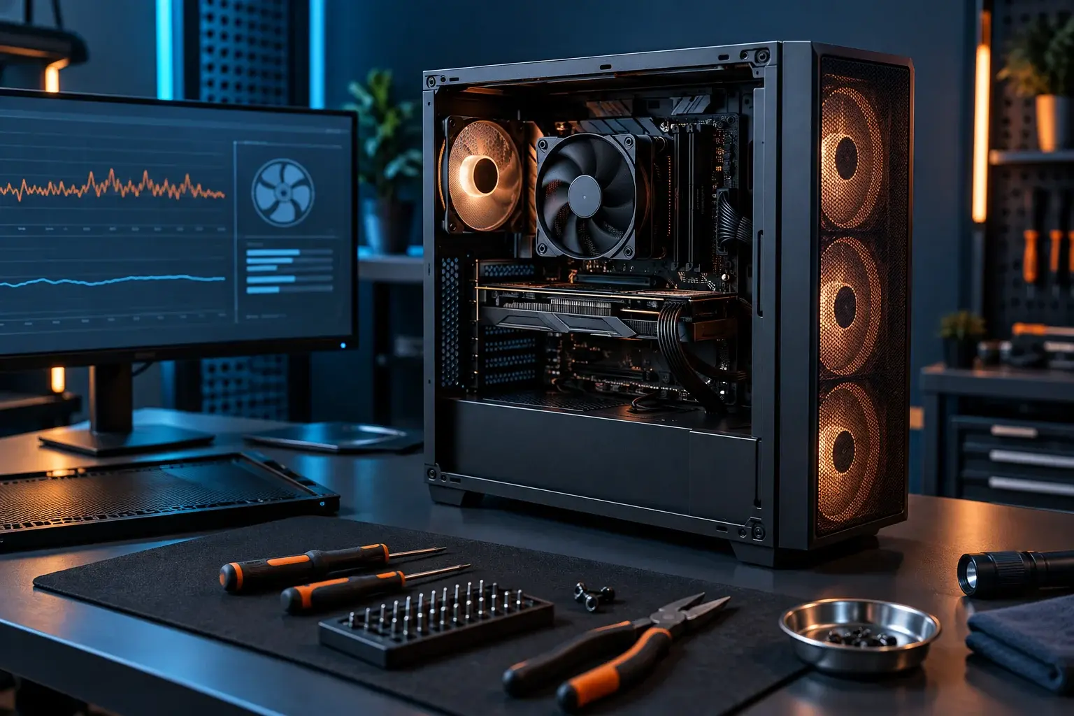 Desktopcomputer met ventilatoren wordt onderzocht vanwege veel lawaai