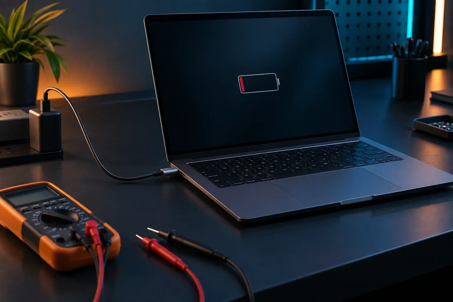 Laptop die niet meer oplaadt wordt gecontroleerd met oplader en meetapparatuur