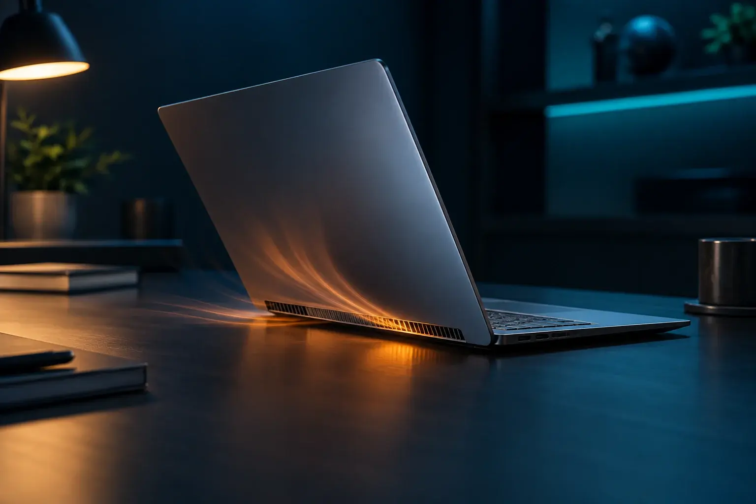 Dunne stille laptop voert warmte af via de behuizing en ventilatie