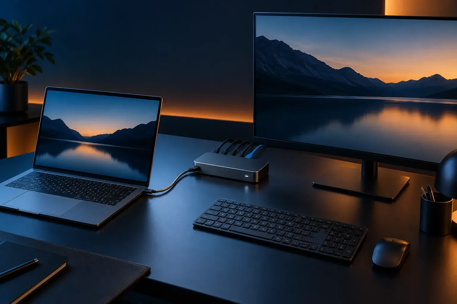 Laptop aangesloten op USB-C-dock met monitor en randapparatuur
