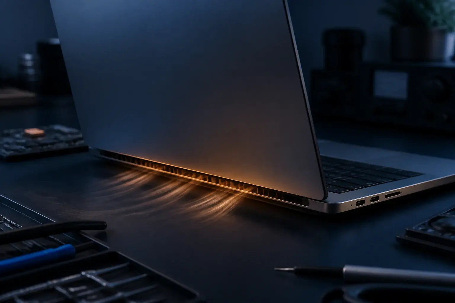 Moderne dunne laptop voert warmte af via compacte ventilatieopeningen