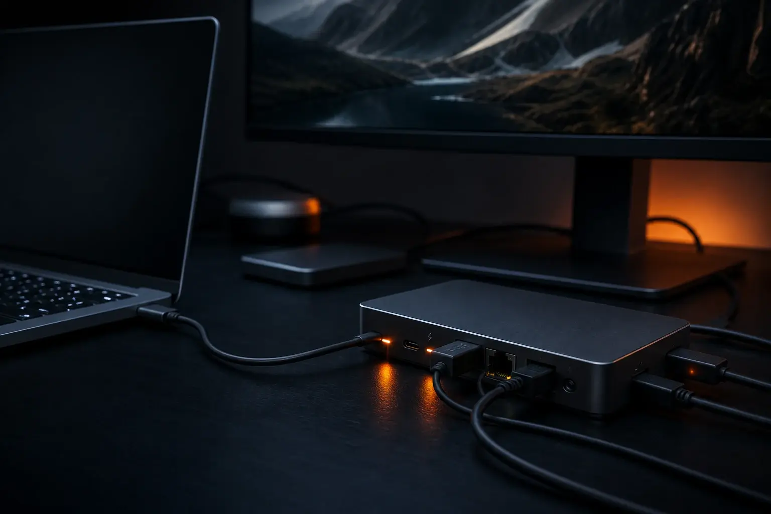 USB-C-dockingstation met laptop, monitor en verschillende aansluitingen