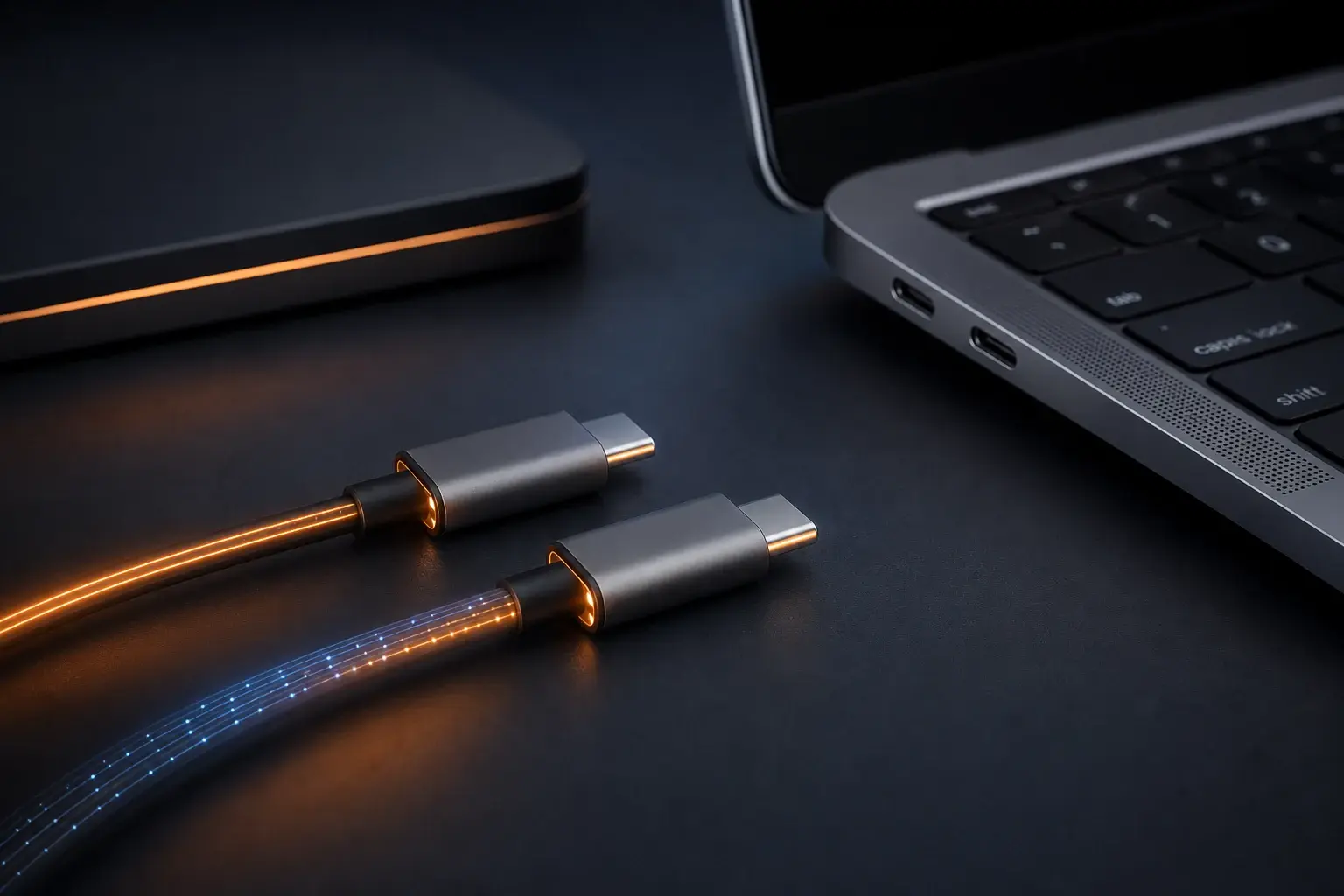 USB-C- en Thunderbolt-aansluitingen naast een moderne laptop