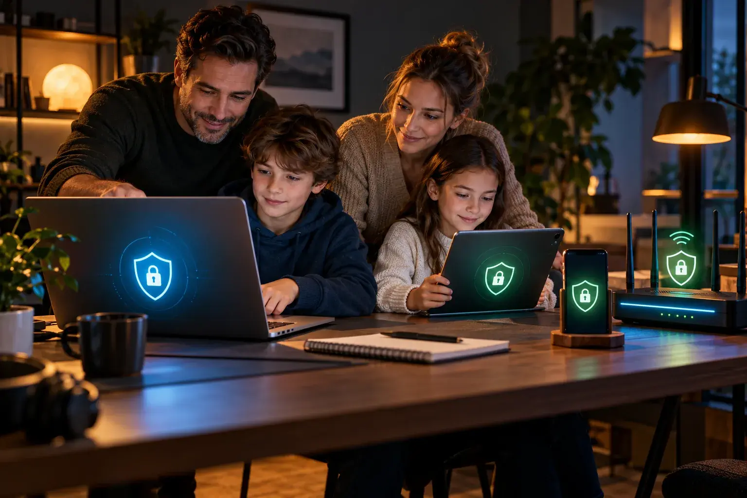 Gezin dat apparaten en online accounts samen veilig beheert