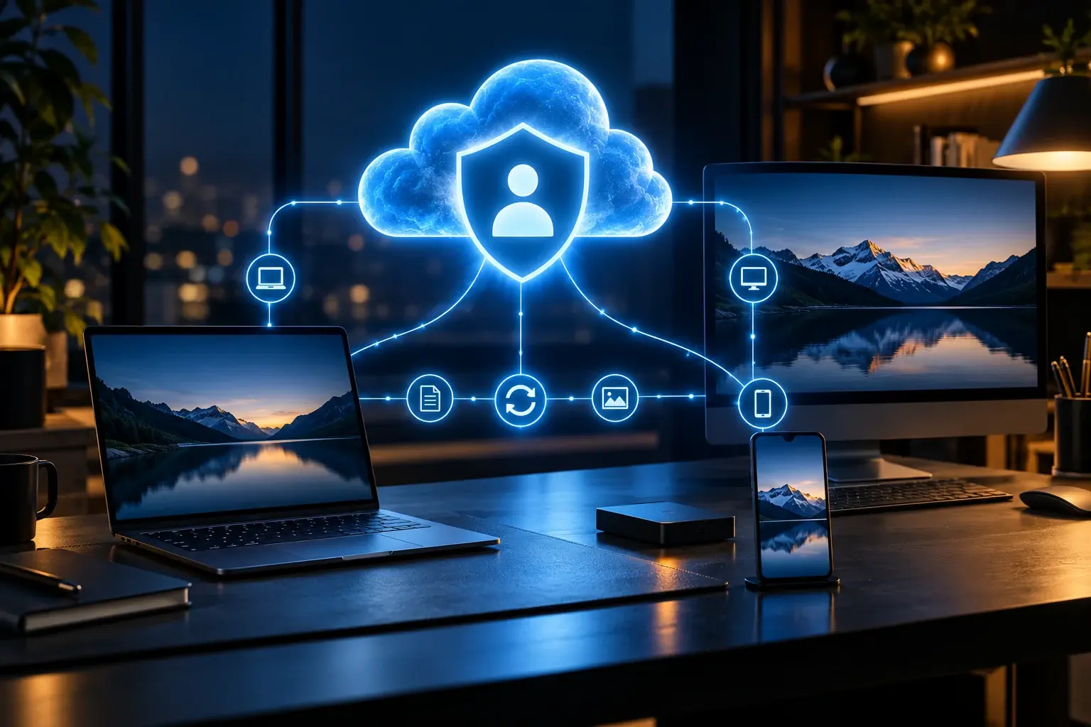Beveiligd cloudaccount dat computer laptop en telefoon verbindt