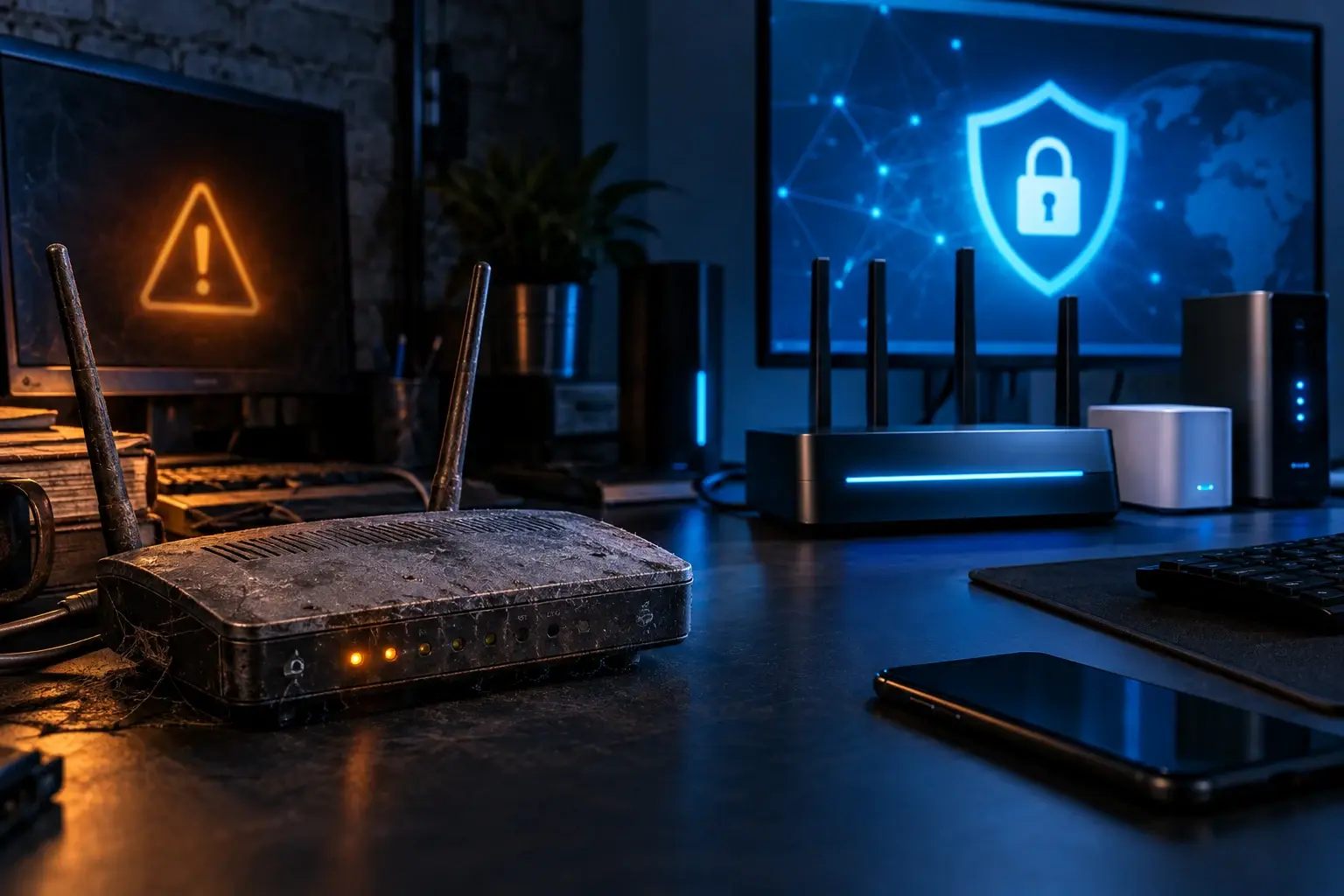 Oude router vergeleken met een modern beveiligd netwerk