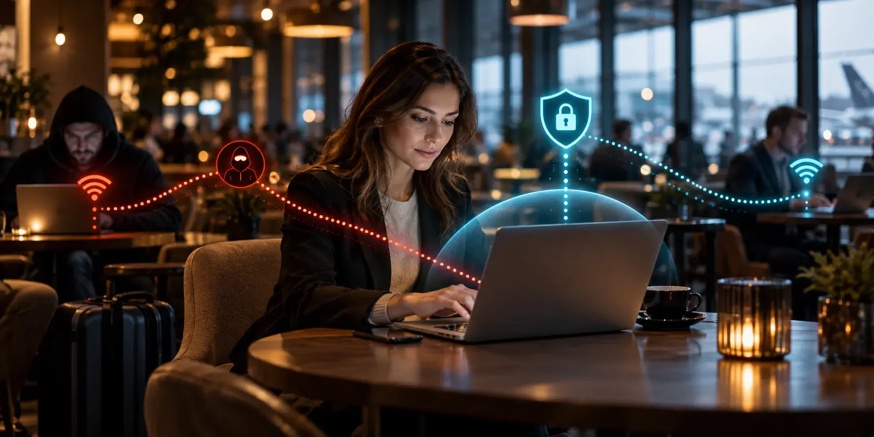 Laptop op publieke wifi met onderscheid tussen onveilige en versleutelde verbinding