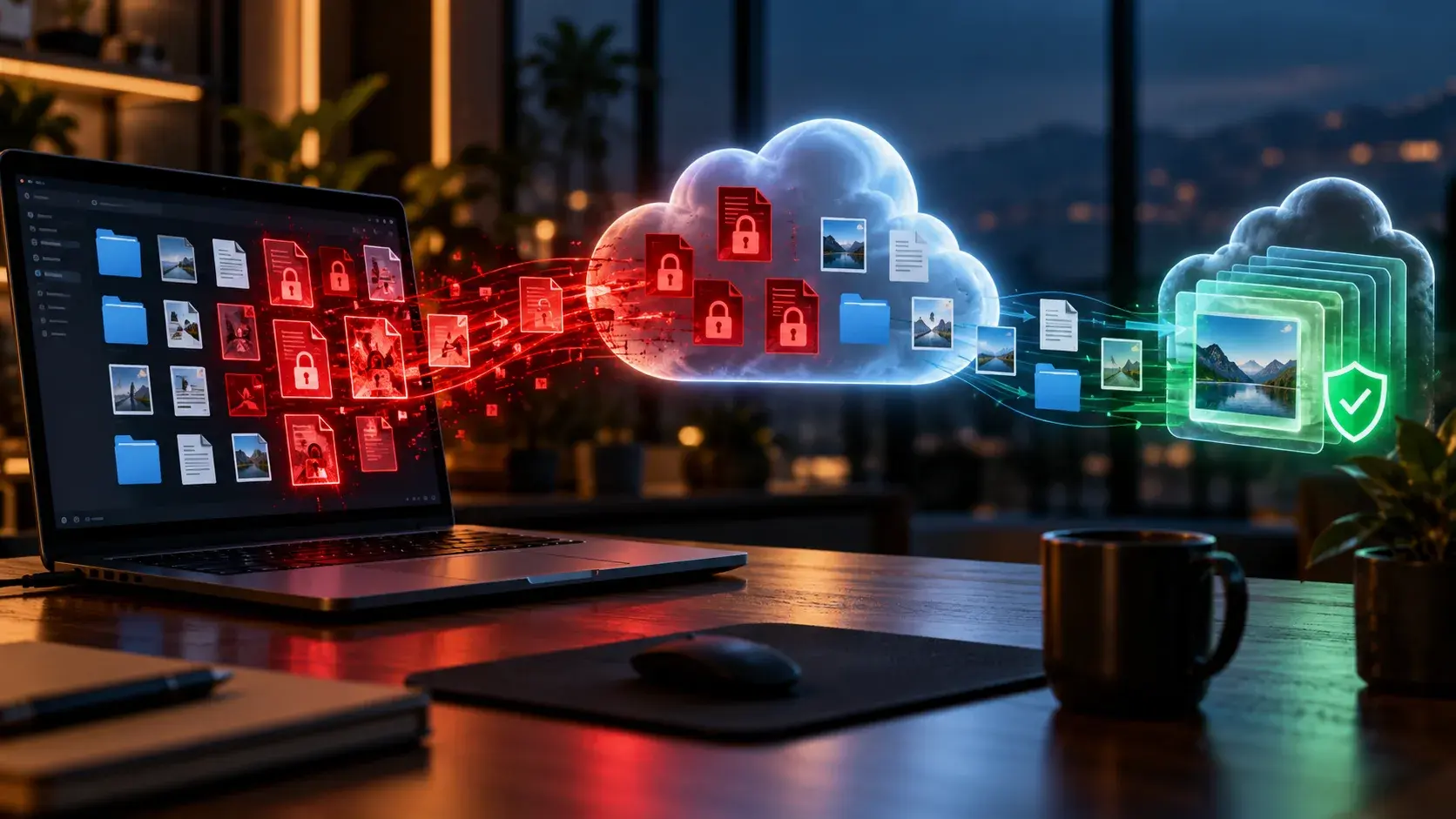 Ransomware die gesynchroniseerde cloudbestanden raakt naast een veilige versieback-up