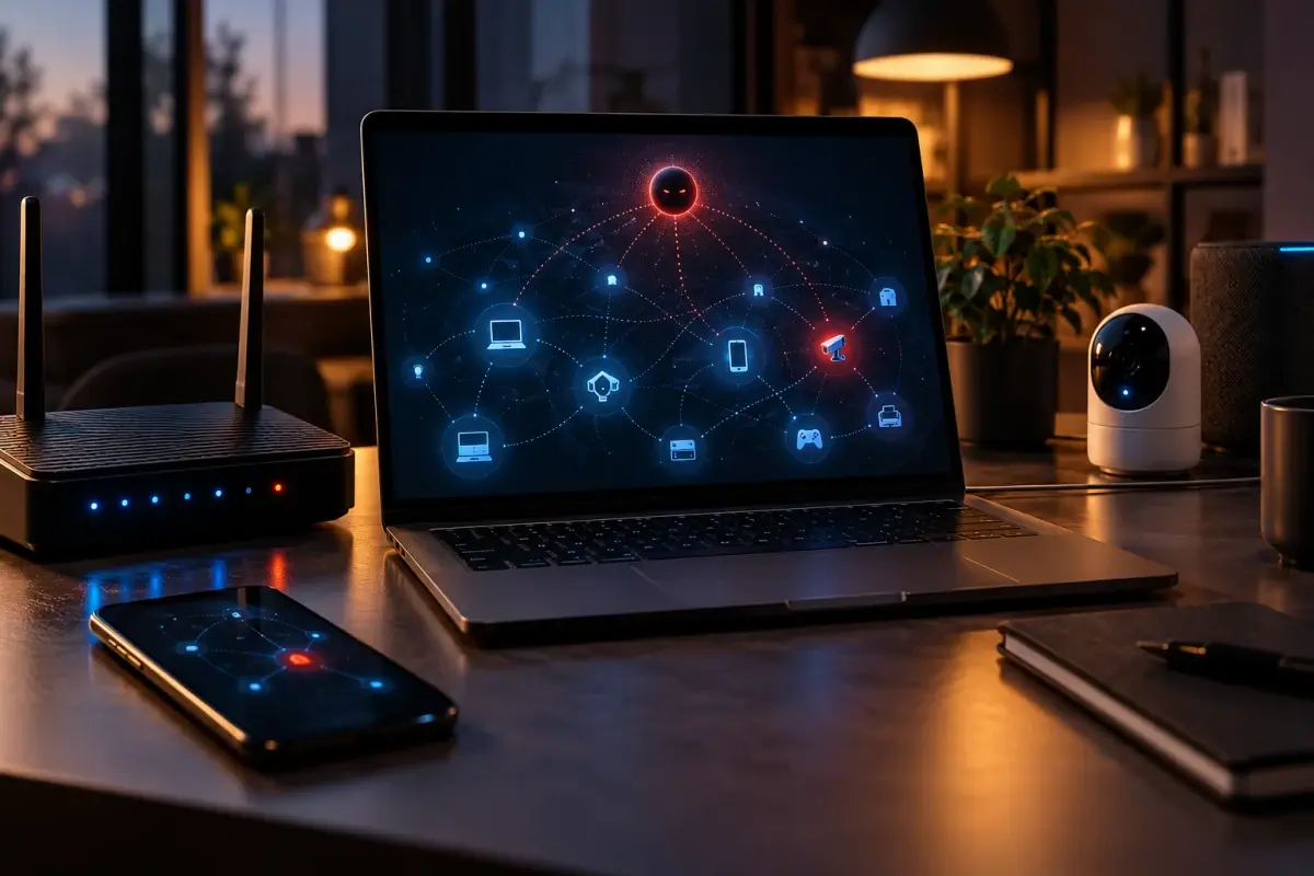 Netwerk van computers, router en slimme apparaten met een verdachte verbinding
