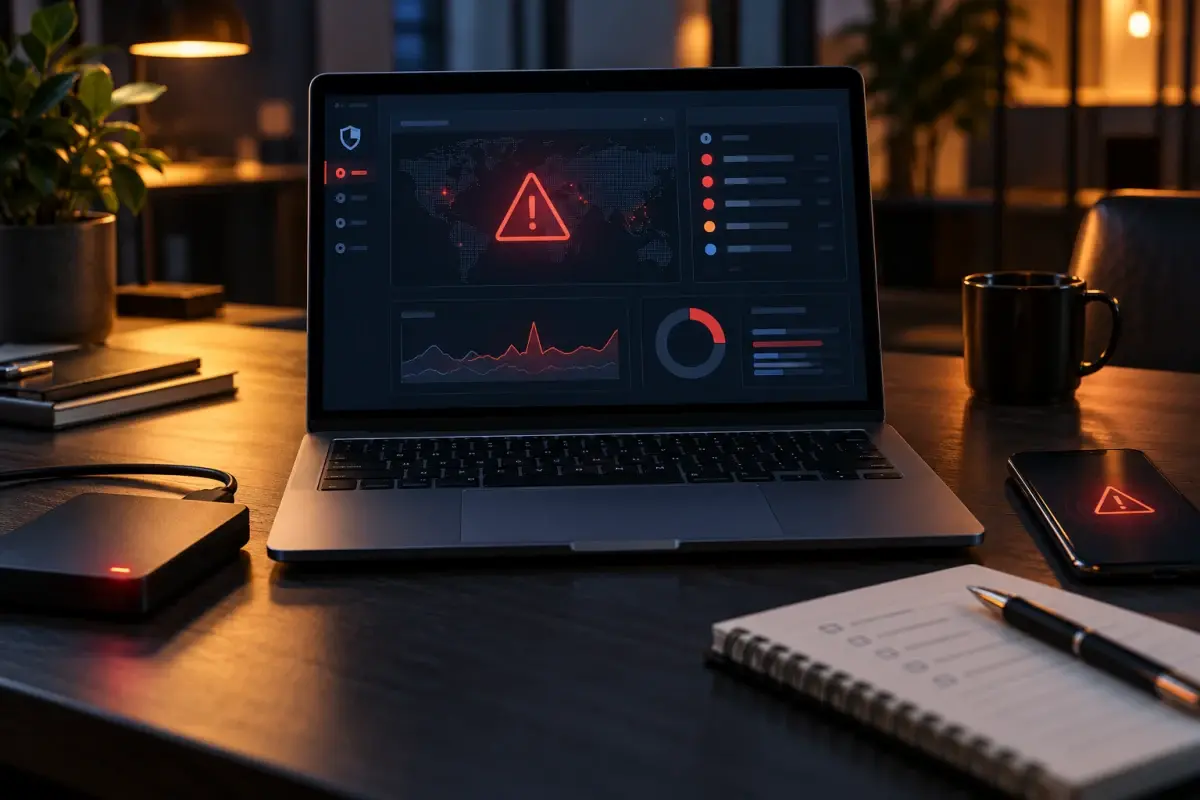 Laptop met beveiligingswaarschuwing tijdens de beoordeling van een datalek