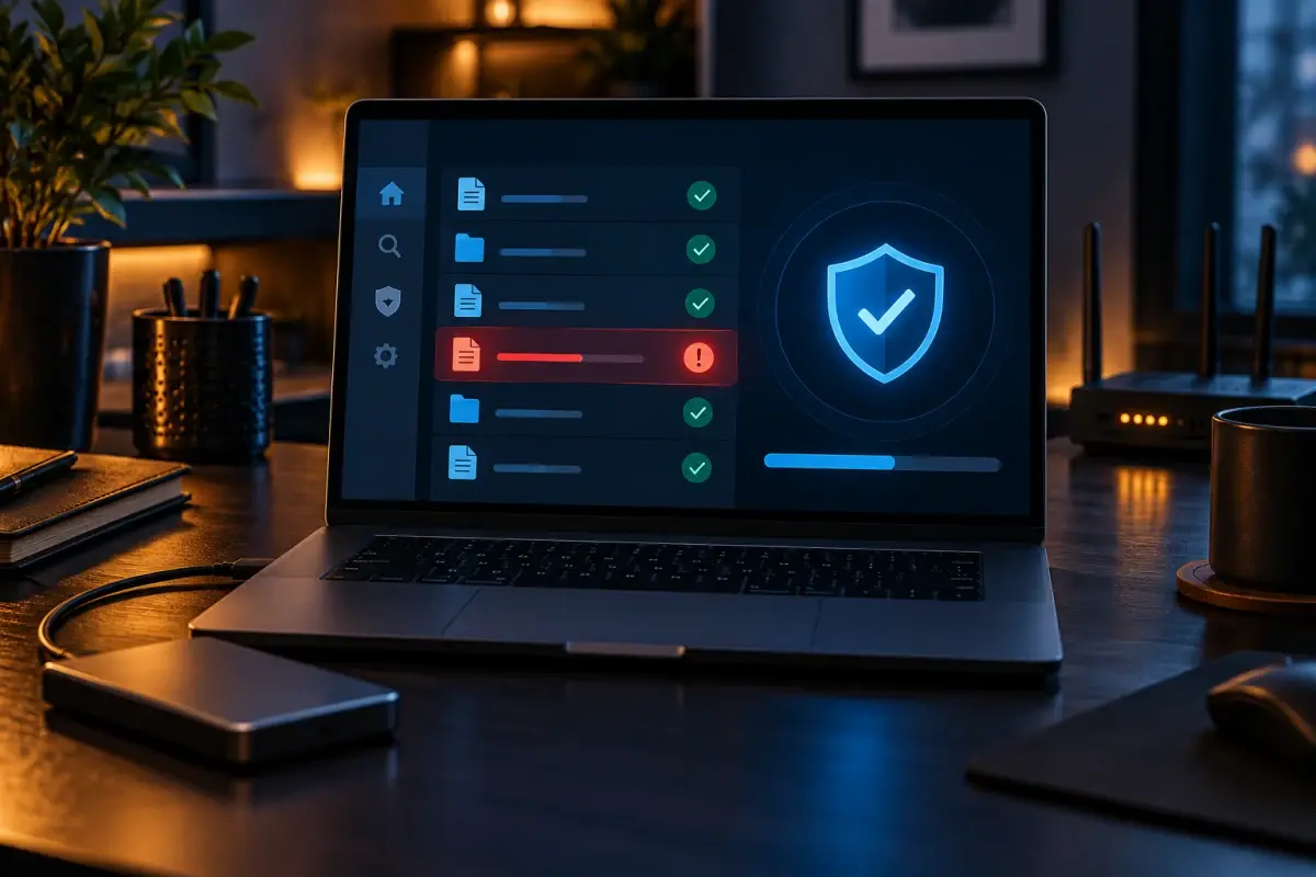 Beveiligingsscan die een verdacht bestand op een laptop vindt