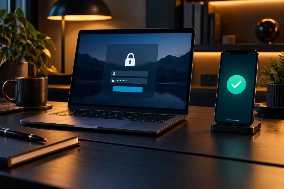 Laptop en smartphone tijdens een veilige tweestapsverificatie