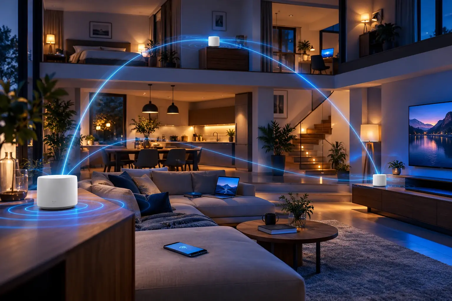 Mesh wifi-systeem met drie samenwerkende toegangspunten